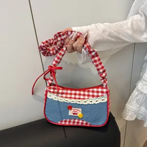 Women Sweet Cherry Patchwork Denim Handbag Red White Checkered Underarm Bag Lace Trim Ruffled Handle Vintage Shoulder Bag