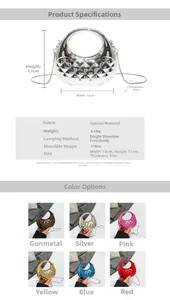Detailed size guide and six candy-colored glossy quilted mini bags with chain straps