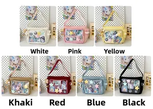 Collage of ita bags in seven colors featuring transparent PVC windows for anime badges