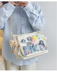 Detail view of large capacity messenger bag with clear window for anime pin display