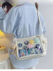 Detailed view of a white canvas ita bag with clear window for anime badge display