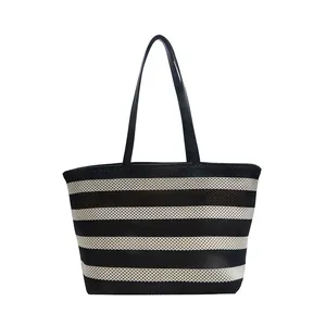 Bolso tote de gran capacidad a rayas blancas y negras con correas de cuero