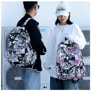 Close-up of stylish graffiti print backpacks featuring durable nylon and street art design