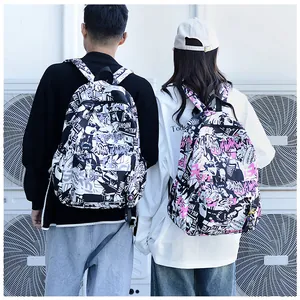 Outdoor back view of graffiti print backpacks with Kill The Night street style art