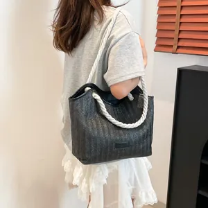 Retro black woven tote bag with white cotton rope handles and large capacity