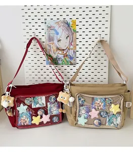 Detail of high-capacity ita-bags with clear PVC panels for anime badge display