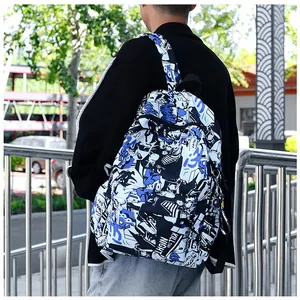 Large capacity campus backpack with blue comic graffiti print for students and travel