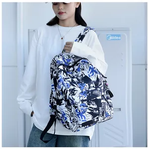 Detail of street-style backpack with comic graffiti print and durable nylon straps