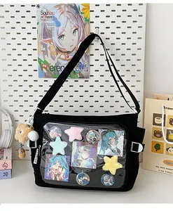 Detail of black canvas ita bag with large transparent window for pins and bear charm