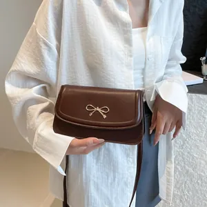 Women Minimalist Bow Underarm Bag PU Leather Shoulder Bag Solid Color Flap Crossbody Handbag For Daily Fashion Handbag