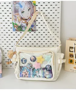 Macro shot of off-white ita bag featuring a clear PVC window for badge display