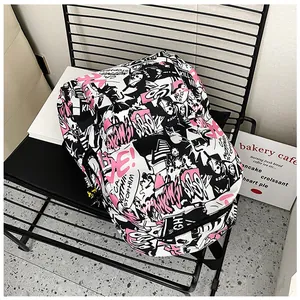 Detail of high-capacity graffiti print backpack on a chair with modern street style decor