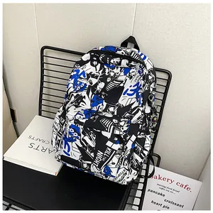 Detail shot of the durable graffiti print backpack on a minimalist metal chair