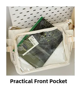 Practical transparent front pocket on white canvas messenger bag with adjustable strap