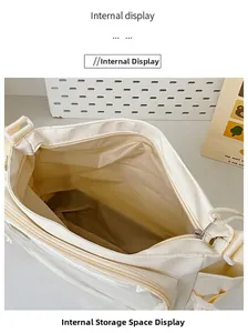 Macro internal view showing the spacious storage compartments of this white canvas bag