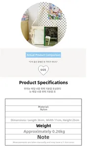 Detailed view of cream nylon tote bag dimensions 36x11x25cm with transparent front pocket