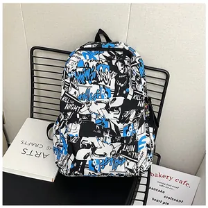 Detail of trendy graffiti backpack with blue accents and multi-pocket functional design