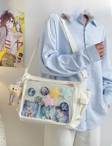Detailed view of white canvas ita bag with transparent window and anime badge inserts