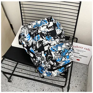 Close-up of comic graffiti pattern on a durable canvas backpack with street style design