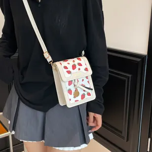 French retro strawberry print mini crossbody bag with gold fashion metal hardware