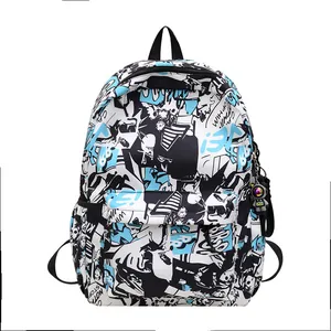Graffiti print school backpack for students with large capacity and astronaut charm decoration