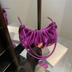 Women Metallic Ruched Underarm Bag Fashion Pleated Hobo Shoulder Bag With Knot Strap Y2K Dumpling Handbag For Daily Party