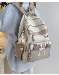 Detail of a large beige backpack showing multiple zipper pockets and a cute cat ear design