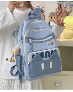 Detail of light blue school backpack with cat ear pocket and cute plush bear charm