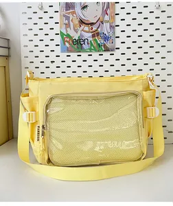Detail of yellow ita bag with a large transparent PVC window for badge display