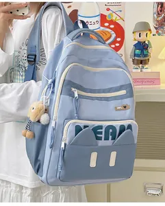 Detail of light blue waterproof nylon backpack with cute cat ears and bear keychain