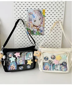 Detail of canvas itabag with clear PVC layer and adjustable straps in black and cream