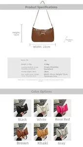 Detailed size specifications and color variants of the minimalist crescent shoulder bag