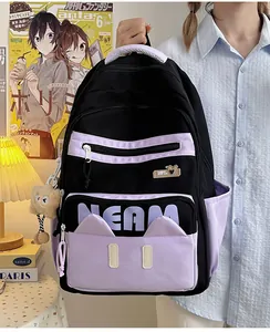 Detail of cute cat ear pocket and bear pendant on purple student laptop backpack