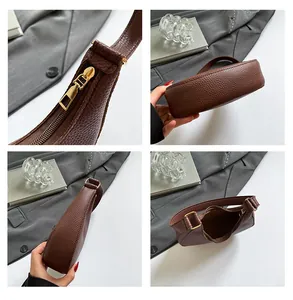 Detailed views of brown pebble leather hobo bag showing gold zipper and sleek crescent design