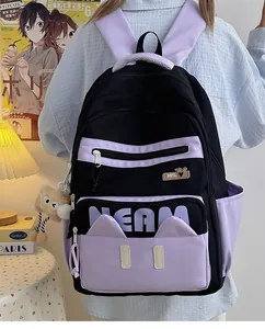 Detail of cute cat ear pocket and plush bear charm on black large laptop backpack