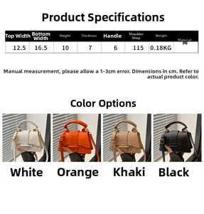 Mini PU leather handbag size chart showing dimensions and colorful square crossbody bags