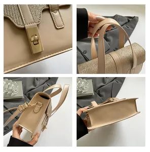 Détails du sac à main champagne à texture crocodile avec des finitions dorées chic