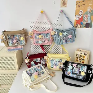 Japanese style ita bags with transparent PVC windows and plush bear charms in seven colors