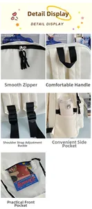 Detail view of white nylon backpack showing dual zippers, handle, straps and side pocket