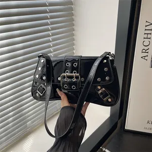 Punk Rivet Shoulder Bag For Women Trend Y2K Cool Girl PU Leather Underarm Baguette Bag With Silver Studs And Buckles
