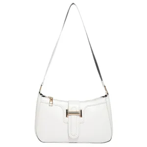 Classic white crescent shoulder bag with glossy PU leather and gold buckle for women