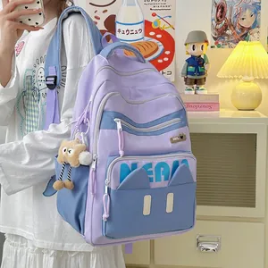Cute Cat Ears School Backpack For Girls Korean Style Large Capacity Nylon Laptop Bag With Plush Pendant For Students Travel