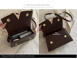 Detailansicht der kaffeebraunen Ledertasche mit Hauptfach für Handy und Lippenstift