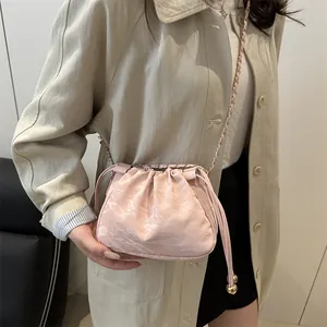 Women PU Leather Pleated Cloud Bag Drawstring Bucket Crossbody Bag Gold Chain Strap Ball Decoration Fashion Shoulder Bag