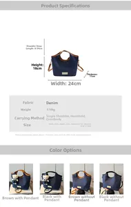 Detailed dimension chart and specifications for the denim canvas bucket tote bag