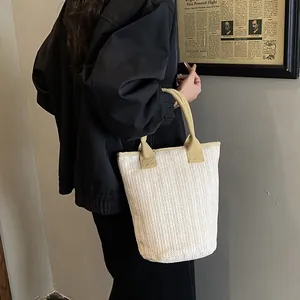 Women Hand Woven Straw Tote Bag Spacious Capacity Bucket Bag Casual Vacation Beach Handbag Contrast Color Shoulder Bag
