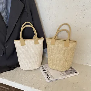 Minimalist large capacity woven straw tote bags in beige and wood colors for women