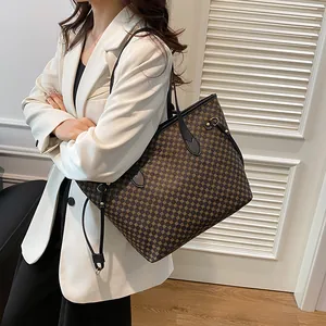 Women Fashion Large Capacity Tote Bag PU Leather Geometric Monogram Print Shoulder Bag Vintage Commuter Handbag For Ladies