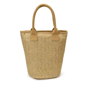 Large capacity woven straw handbag with V-shaped texture for fashion travel