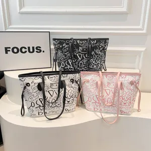 Borsa Tote con Stampa Graffiti di Grande Capacità per Donna Pelle PU Moda Streetwear Borsa a Tracolla Casual Cartella per la Scuola